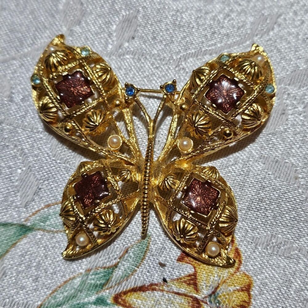 vintage whimsigoth boho butterfly gold tone large brooch